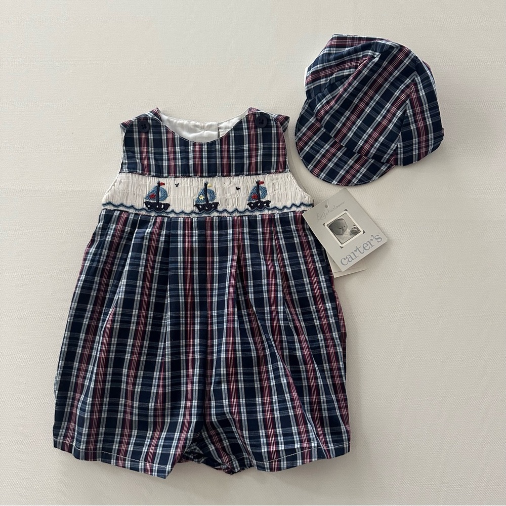 Carter's Vintage 3-6 Months Baby Boy Sailboat Smocked Plaid Romper with Hat NWT
